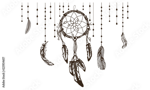 dreamcatcher with colorful vibrant feathers on background, card or poster ethnic art
