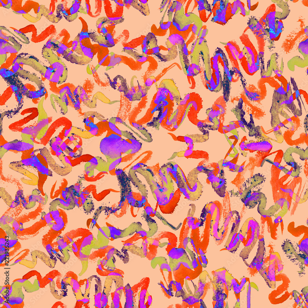 Fototapeta premium Curly red and purple lines abstract seamless pattern design, hand painted watercolor on coral background