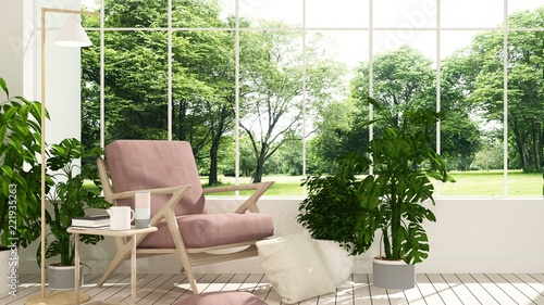 Fototapeta Naklejka Na Ścianę i Meble -  The interior minimal hotel relax space 3d rendering and nature view background