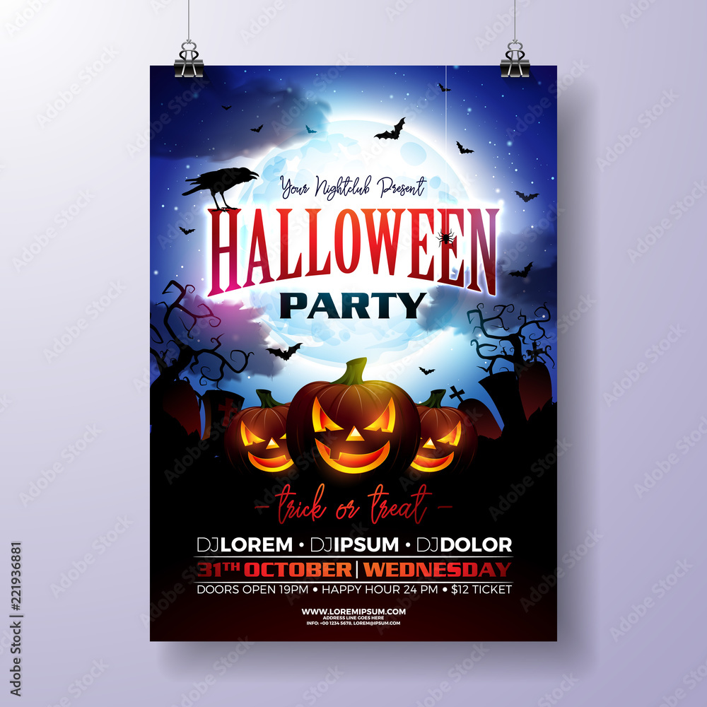 Fototapeta premium Halloween Party flyer vector illustration with scary faced pumpkin on mysterious moon background. Holiday design template with crow, cemetery and flying bats for party invitation, greeting card