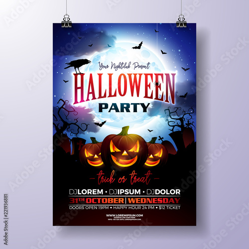 Halloween Party flyer vector illustration with scary faced pumpkin on mysterious moon background. Holiday design template with crow, cemetery and flying bats for party invitation, greeting card