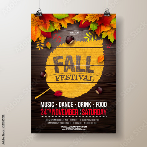Autumn Party Flyer Illustration with falling leaves and typography design on vintage wood background. Vector Autumnal Fall Festival Design for Invitation or Holiday Celebration Poster.