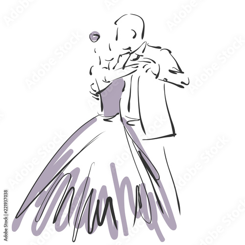 Fototapeta art sketched beautiful young bride and groom in dance on white background