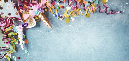 Panorama unicorn banner with festive carnival border