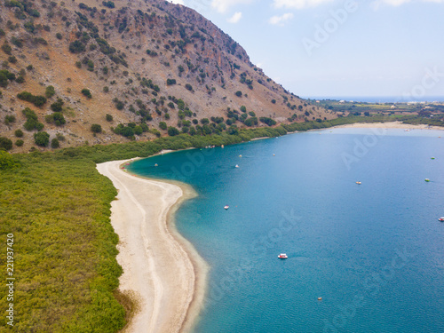 Aerial view to beautiful Lake Kournas in Crete island. Photo from drone. Greece.