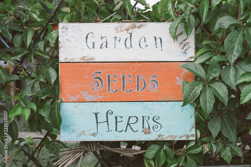 garden, seeds and herbs wooden board