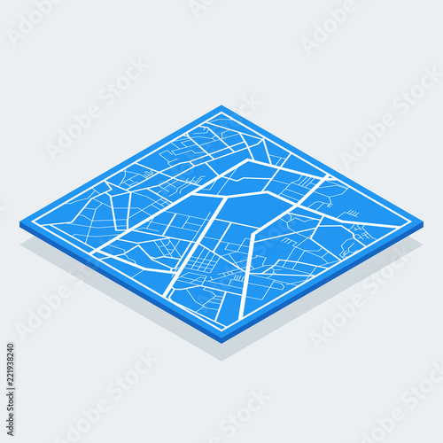 Isometric Map of the city, locality. White scheme on a blue background. GPS navigation, along the road and streets. Flat vector cartoon illustration.