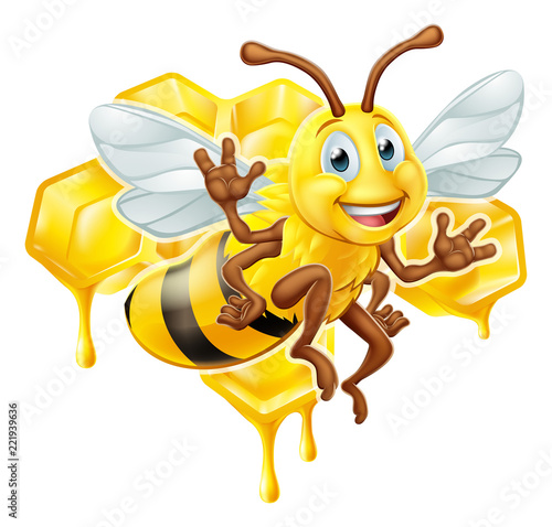 A cute  bee cartoon character mascot with his or her honeycomb and dripping honey in the background