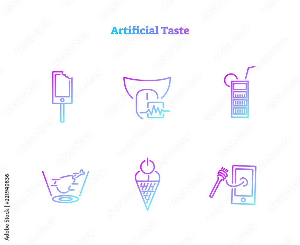 Artificial taste concept icons collection. Virtually generated digital food translated to the senses. Virtual food biochemical technology symbols set. Artificial taste concept icons collection. Virtually generated digital food translated to the senses. Virtual food biochemical technology symbols set.