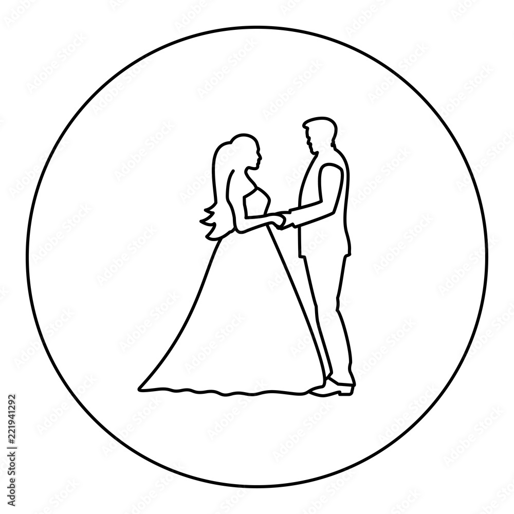 Bride and groom holding hands icon black color in round circle
