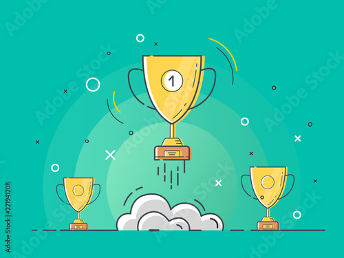 Set of standing golden trophy cups with one glowing rocket launch. Trendy flat vector trophy cup icons with concept of idea on green background. 
