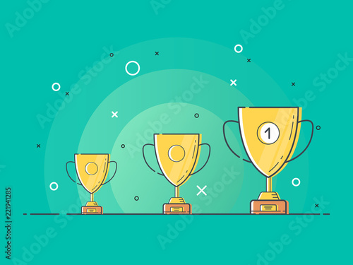 Set of standing golden trophy cups with one glowing. Trendy flat vector light bulb icons with concept of idea on green background. 