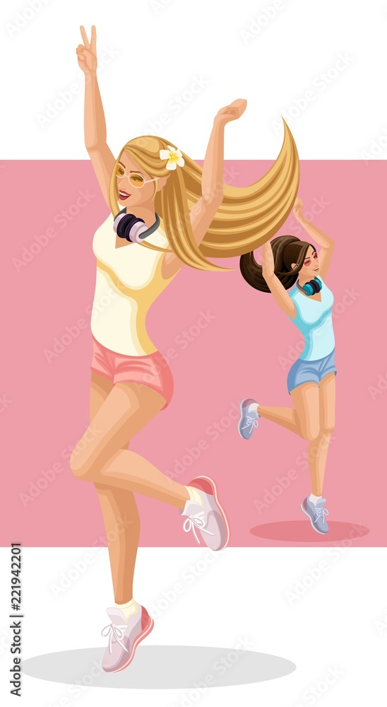 Isometrics young girls are happy, jumping, having fun, hair developing in the wind, generation Z, bright background summer clothes
