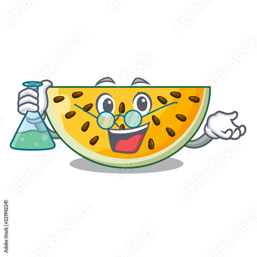 Professor sliced yellow watermelon on character cartoon
