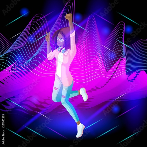 Isometric girl on the background of musical waves, the girl is dancing, strands of hair are developing, jumping. Isometric girl for animation photo