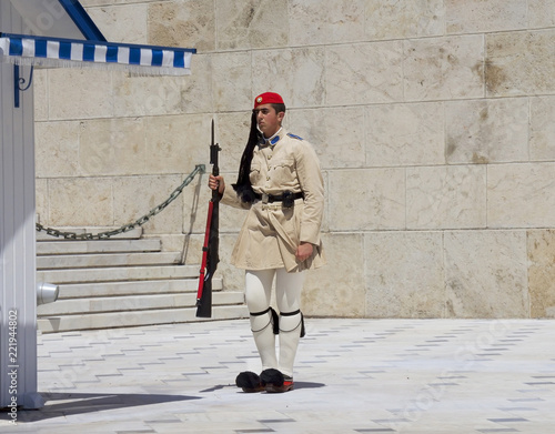 Athens, Greece, the Protection of the Greek Parliament in Athens Syntagma square. In modern Greece, the evzons are members of the Presidential guard
