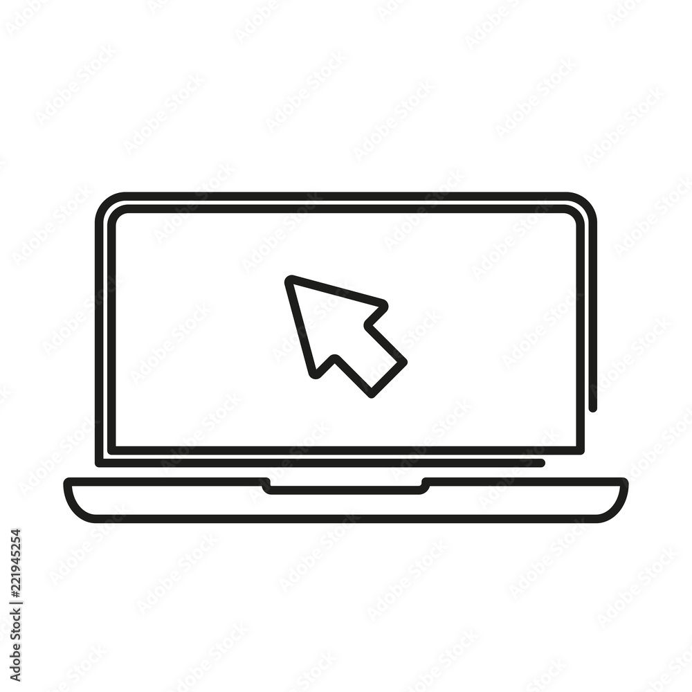 Laptop, computer icon with blue cursor. Using computer or search click arrow for website concept. Vector in flat style Laptop, computer icon with blue cursor. Using computer or search click arrow for website concept. Vector in flat style