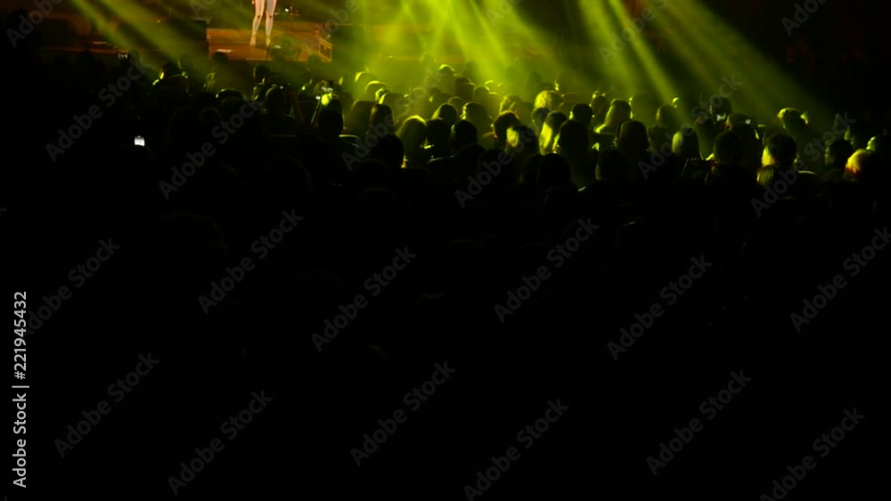 Crowd people audience sitting in a concert hall in spot lights lumiere slow motion