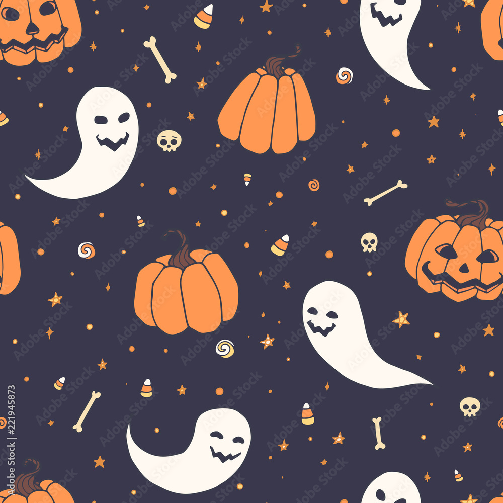 Vector Halloween repeat pattern with pumpkins, ghosts with scary faces, bones, skulls and candy corn in sketch style. Hand drawn holiday decoration on the blue starry background. For wrapping paper