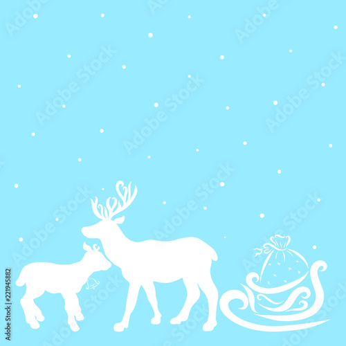 Gentle christmas blue background with snow and white silhouettes, mom and baby deer and sled with gifts © YuliaRafael Nazaryan