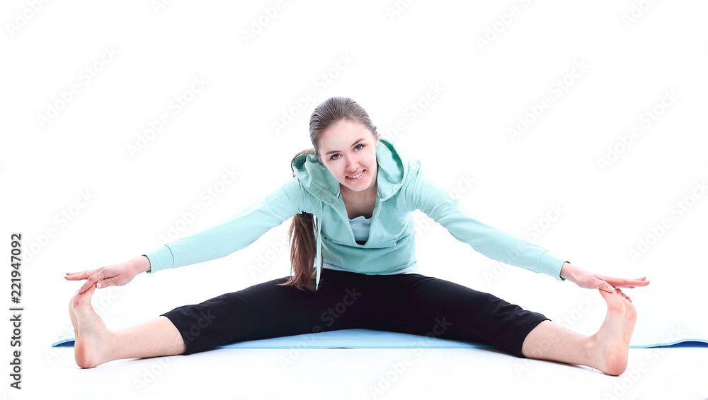 fitness exercise trainer shows stretching the muscles. fitness exercise trainer shows stretching the muscles.