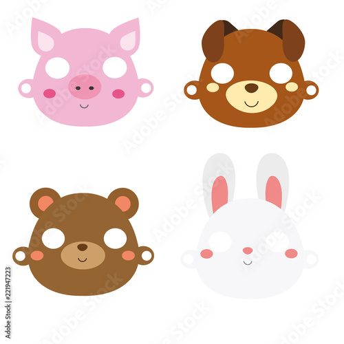 Animal paper masks. Pig, rabbit, bear and dog face masks for party or photo and video chat