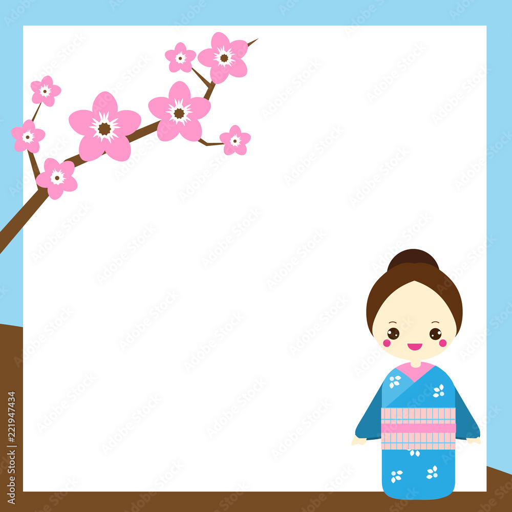 Japanese background with woman in kimono and sakura branch. Backdrop for oriental design