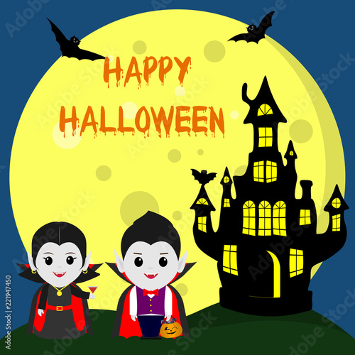 Happy Halloween. Two Vampire Dracula in the style of the cartoon stand next to the castle in the background of the moon at night. Cocktail, pumpkin with sweets, flying vampires and stars.