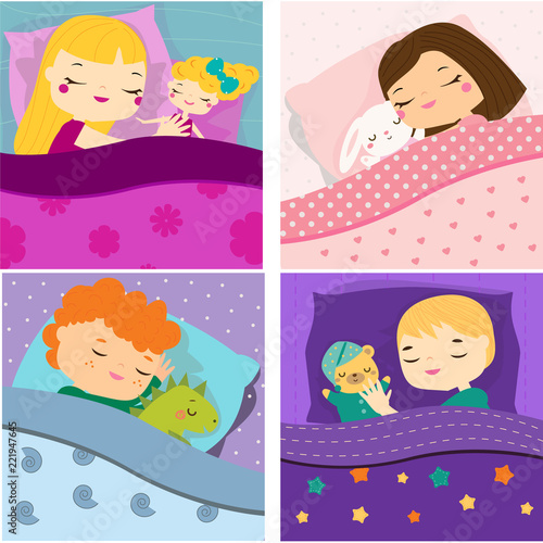 Kids sleeping with toys. Cartoon children in bed having sweet dreams. Boys and girls Baby bedtime