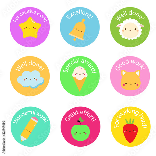 School labels for teachers. Award stickers for pupils, kids