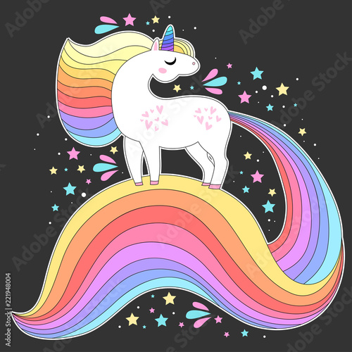 Vector unicorn head. Cute white unicorn with rainbow hair and stars