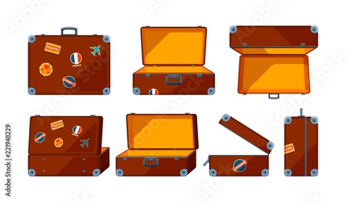 Travel case. Vector various views of travel case. Illustration of baggage and briefcase, suitcase container