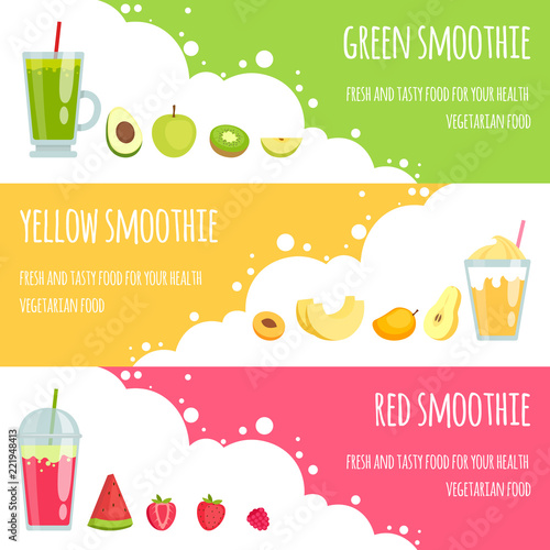 Summer smoothie. Horizontal banners of various smoothie drinks. Vector smoothie fresh fruit drink, juice cocktail banner illustration