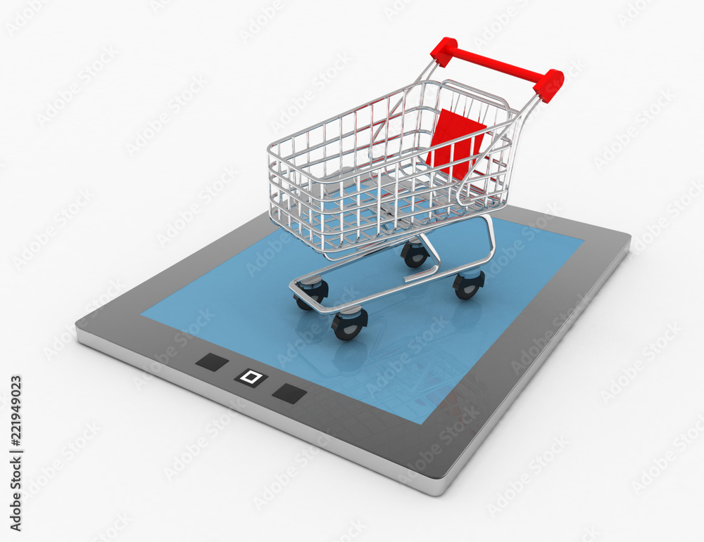 Shopping Cart over a Tablet PC on white background