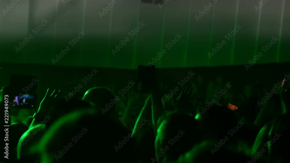 Dancing crowd fan spectators enjoying concert in flashing lumiere