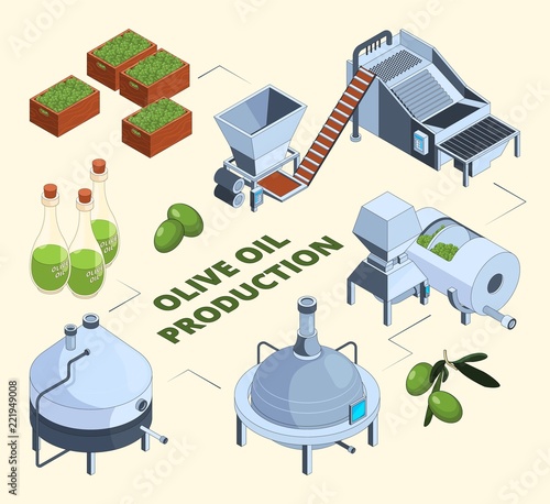 Olive manufacturing. Oil production processes plant food press industry farm tank centrifuge bottles. Vector isometric pictures. Olive oil production industry, fresh organic ingredient illustration