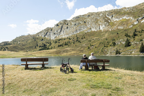 Behinderte mit Rollator am Bettmersee, Bettmeralp, Wallis, Schweiz photo