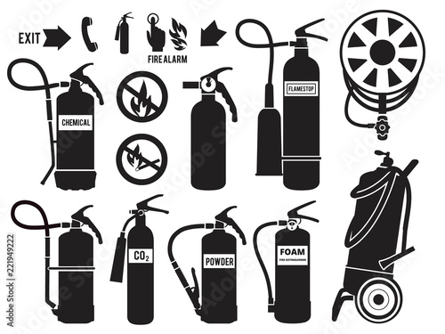 Silhouette of fire extinguisher. Flame protection symbols foam Monochrome vector set of fire station equipment. Extinguisher protection flame, equipment firefighter, extinguish and firefighting