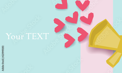 Abstract poster with social media sign. Paper cut art. Template with likes and hearts.