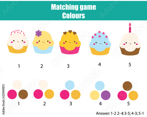 Educational children game. Matching game worksheet for kids. Match by color. Find pairs of cupcakes and colours