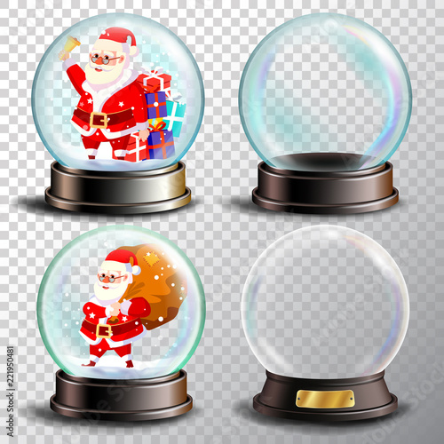 Christmas Snowglobe Set Vector. Empty Snow Globe. Winter Xmas Design Element. Glossy Dome. Magic Xmas Holiday Souvenir. Cute Santa Claus With Gifts. Transparency Souvenir. Realistic Illustration