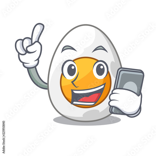 With phone cartoon boiled egg sliced for breakfast