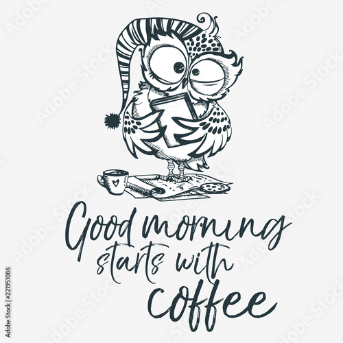 Hand drawn owl with cup of coffee.