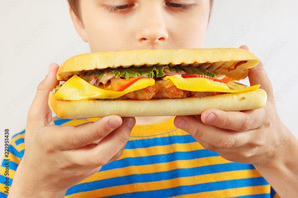 Little boy sniffing the tasty cheeseburger on a white background close up Little boy sniffing the tasty cheeseburger on a white background close up