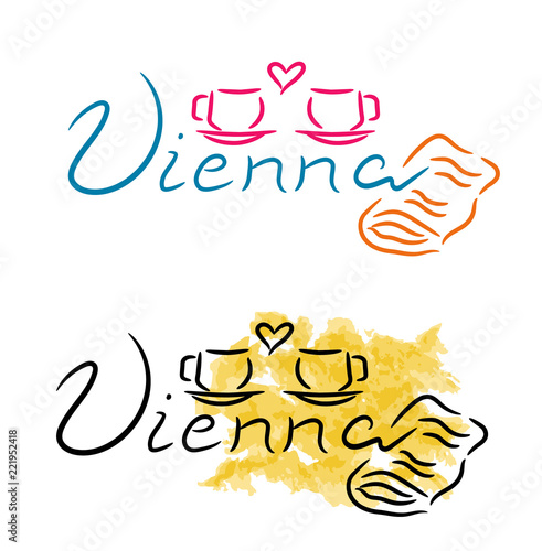 Vienna coffee and strudel sketch with watercolor and felt-tip pen grunge vector illustration