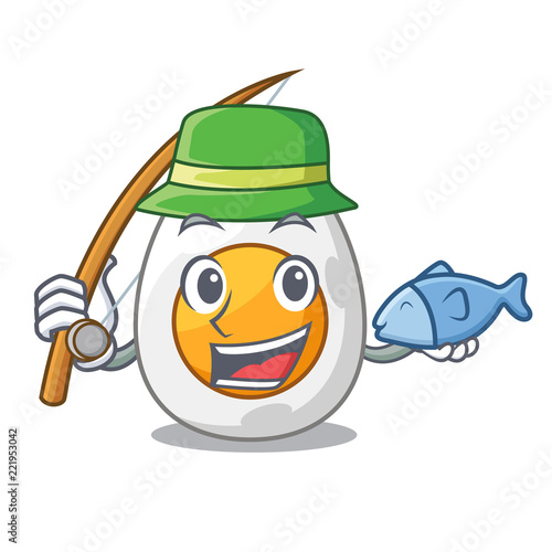 Fishing peeled boiled egg on mascot cartoon