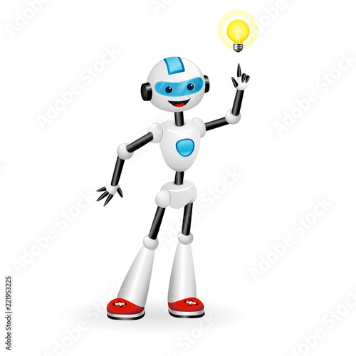 Cute robot pointing at good idea light bulb. Aha moment concept. Isolated on white background