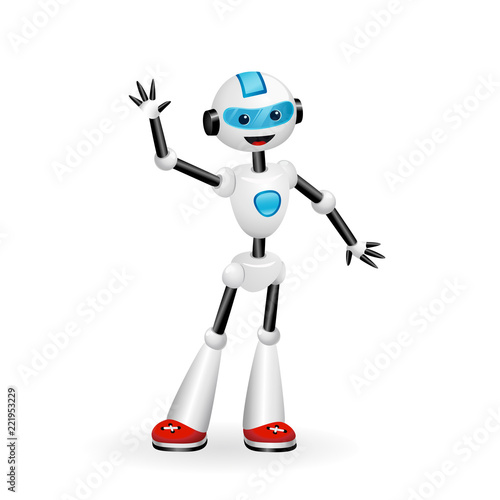 Cute robot waving hello isolated on white background