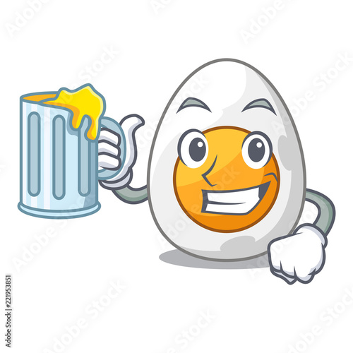 With juice peeled boiled egg on mascot cartoon