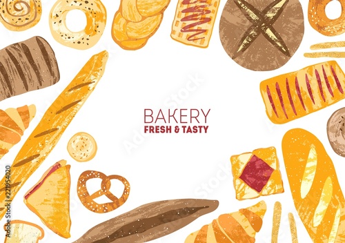 Horizontal banner decorated with breads and baked products of various types on white background - loaf, croissant, toast, ciabatta, pretzel. Colorful vector illustration for bakery advertisement.